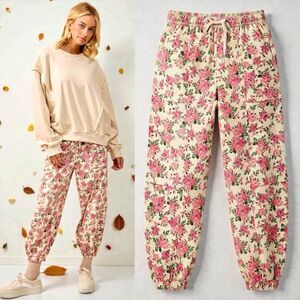 BiBi Floral Printed Twill Drawstring Pants With Elastic Band XL NWT